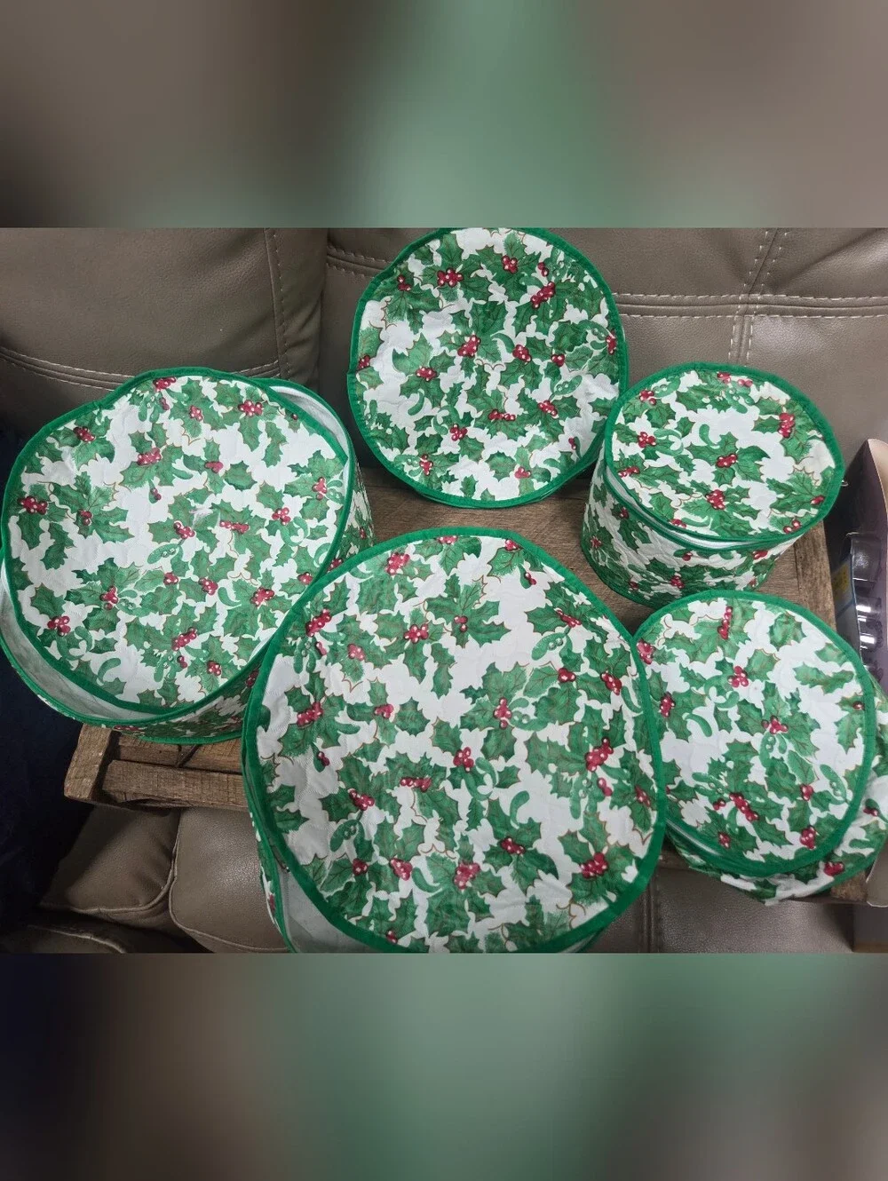 Vintage Lillian Vernon Holly Print Holiday Plastic Round Storage Bins - Bin O
